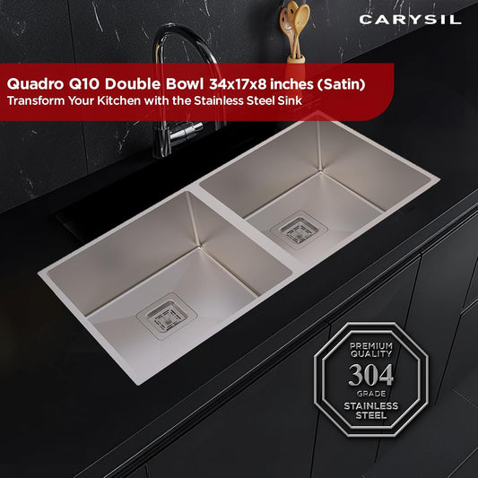 Carysil Micro Radius R10 Series Double Bowl Kitchen Sink, Stainless Steel Kitchen Sink, 10mm Corner Radius, 304 Stainless Steel Coupling, Noise Reduction Design, Deep Bowl with Sloping Drain, 34x17x8 inches, Satin Finish