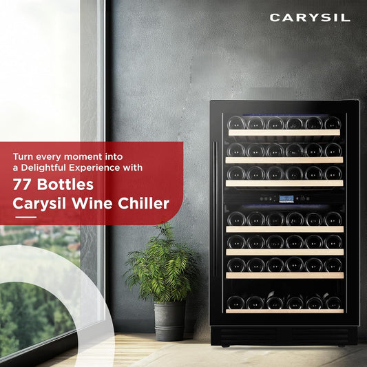 Carysil 77-Bottle Wine Chiller, Free Standing, Dual Cooling Zone (5°C-12°C White Wine & 12°C-20°C Red Wine), Adjustable Wooden Shelves with Toughened Glass Door, LED Display, Ideal for Home