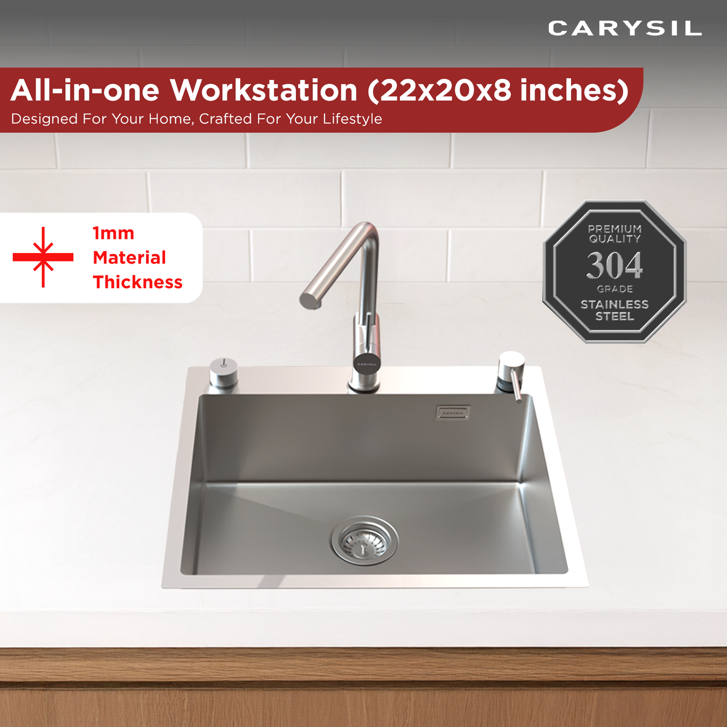 Carysil All-in-one Workstation Sink, 304 Stainless Steel Kitchen Sink with Pull-out Faucet, Soap Dispenser, Chopping Board, Flexible Basket, Colander, 22x20x8 inches, Chrome