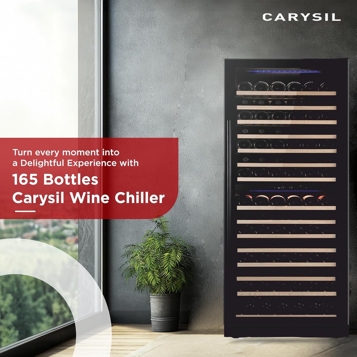 Carysil 165-Bottle Wine Chiller, Free Standing, Dual Cooling Zone (5°C-12°C White Wine & 12°C-20°C Red Wine), Adjustable Wooden Shelves with Toughened Glass Door, LED Display