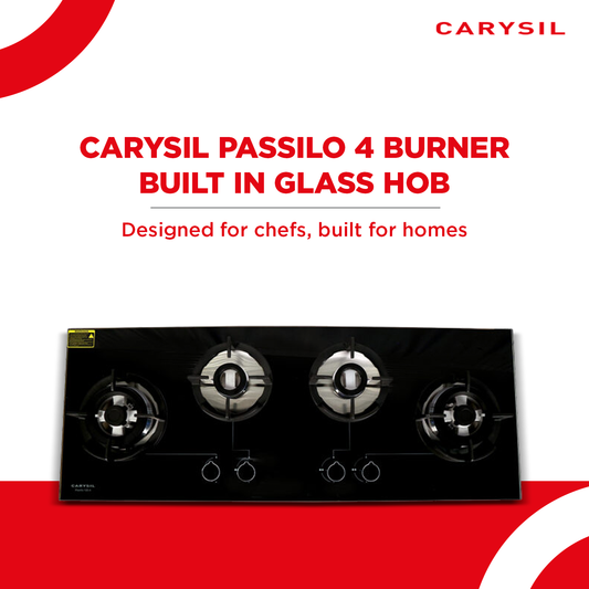 Carysil Passilo 100cm Built-in Hob, 4 Brass Burners, Round Cast Iron Pan Support, Electric Ignition, Metal Knob, 8mm Black Toughened Glass, Stainless Steel