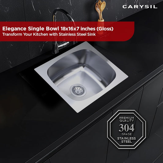 Carysil Elegance Series Single Bowl Kitchen Sink, Stainless Steel Kitchen Sink, 304 Stainless Steel Coupling, Noise Reduction Design, Deep Bowl with Sloping Drain, 18x16x7 inches, Glossy Finish