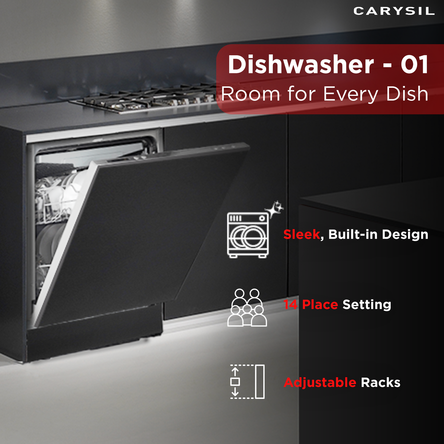 Carysil Fully Built-in Dishwasher DW-01, A++ Energy Class, 14 Place Setting, 7 Wash Programs, Touch Control Display, Water Consumption 10Ltr/cycle, 44 dBA Low Noise Operation, Detergent Automation Sensor, Stainless Steel