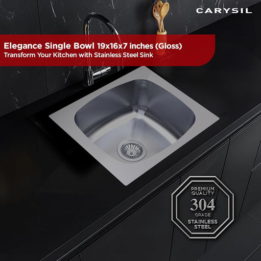 Carysil Elegance Series Single Bowl Kitchen Sink, Stainless Steel Kitchen Sink, 304 Stainless Steel Coupling, Noise Reduction Design, Deep Bowl with Sloping Drain, 19x16x7 inches, Glossy Finish