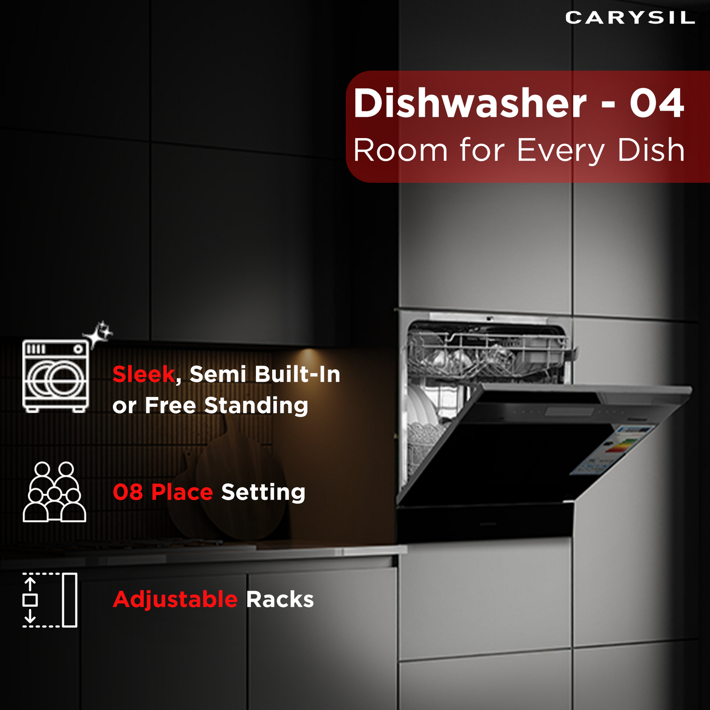 Carysil Free Standing Dishwasher DW-04, A+ Energy Class, 8 Place Setting, 6 Wash Programs, Electronic Control Display, Water Consumption 8Ltr/cycle, 49 dBA Low Noise Operation, Detergent Automation Sensor, Stainless Steel