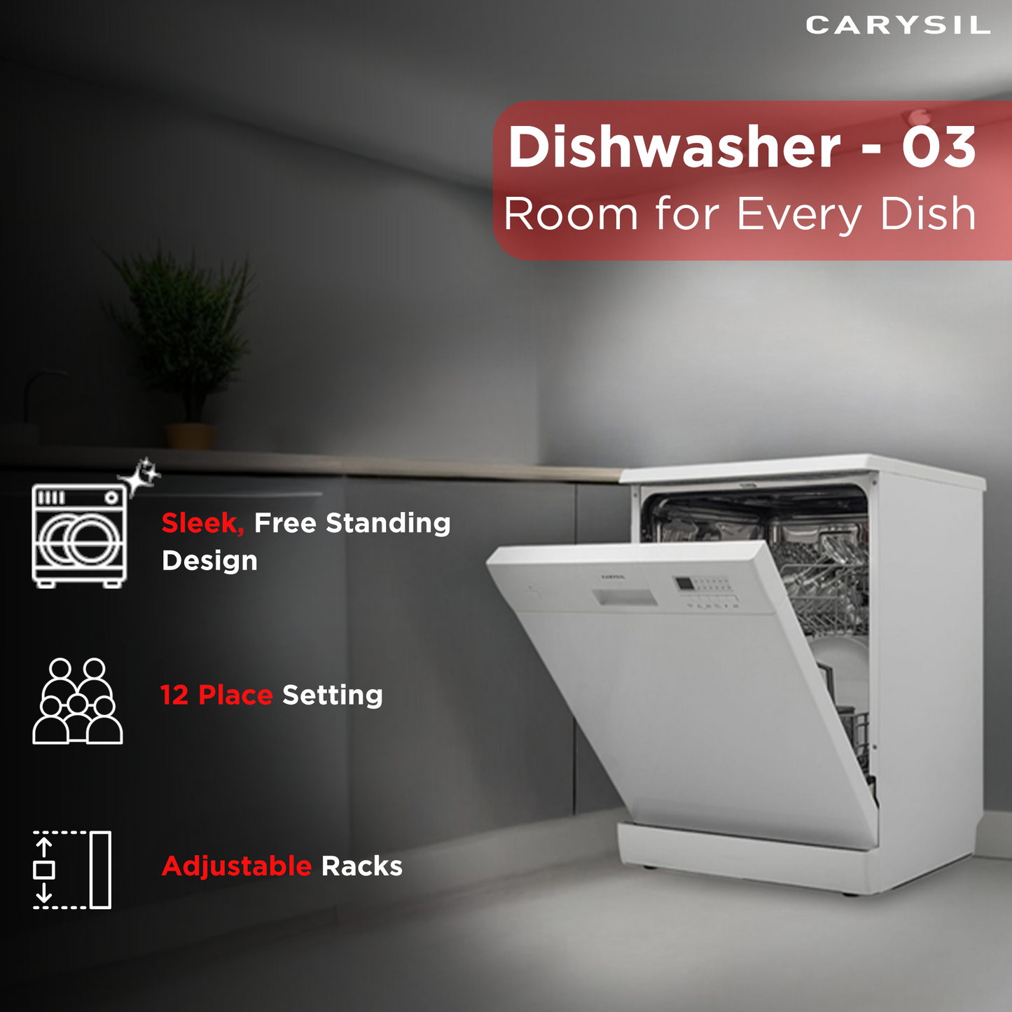 Carysil Free Standing Dishwasher DW-03, A++ Energy Class, 12 Place Setting, 6 Wash Programs, Electric Control Display, Water Consumption 11Ltr/cycle, 49 dBA Low Noise Operation, Detergent Automation Sensor, Child Lock, Stainless Steel