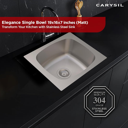 Carysil Elegance Series Single Bowl Kitchen Sink, Stainless Steel Kitchen Sink, 304 Stainless Steel Coupling, Noise Reduction Design, Deep Bowl with Sloping Drain, 19x16x7 inches, Matt Finish
