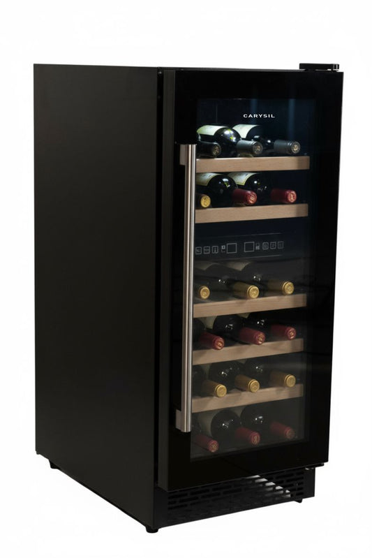 Carysil 31-Bottle Wine Chiller, Free Standing, Dual Cooling Zone (3°C-12°C White Wine & 12°C-20°C Red Wine), Adjustable Wooden Shelves with Toughened Glass Door, LED Display, Ideal for Home
