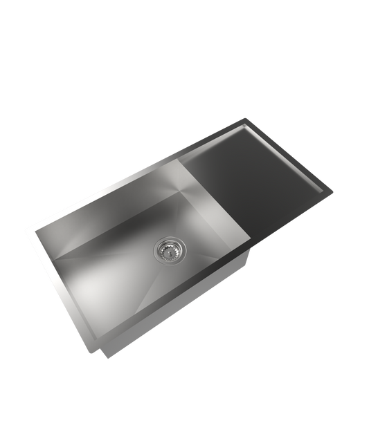 Carysil Quadro Series Zero Radius Single Bowl with Drainboard Kitchen Sink, Stainless Steel Kitchen Sink, 304 Coupling, Noise Reduction Design, Deep Bowl with Sloping Drain, 36x18x8 inches, Satin Finish