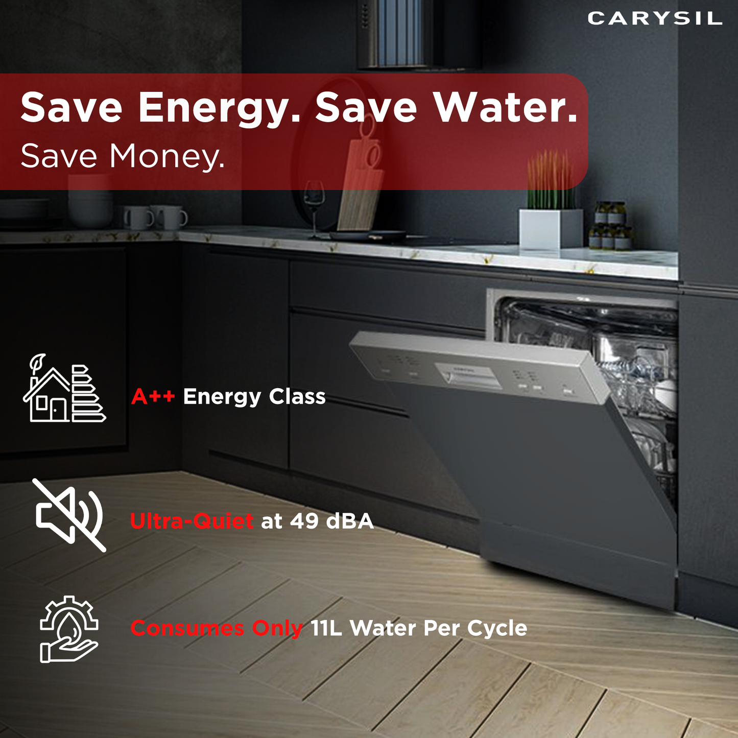 Carysil Semi Built-in Dishwasher DW-02, A++ Energy Class, 12 Place Setting, 6 Wash Programs, Touch Control Display, Water Consumption 11Ltr/cycle, 49 dB Low Noise Operation, Detergent Automation Sensor, Stainless Steel