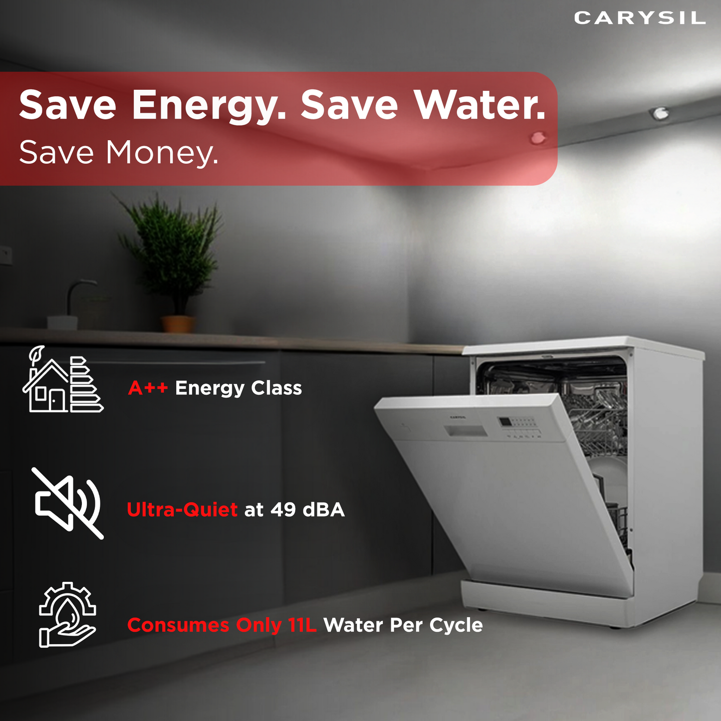 Carysil Free Standing Dishwasher DW-03, A++ Energy Class, 12 Place Setting, 6 Wash Programs, Electric Control Display, Water Consumption 11Ltr/cycle, 49 dBA Low Noise Operation, Detergent Automation Sensor, Child Lock, Stainless Steel