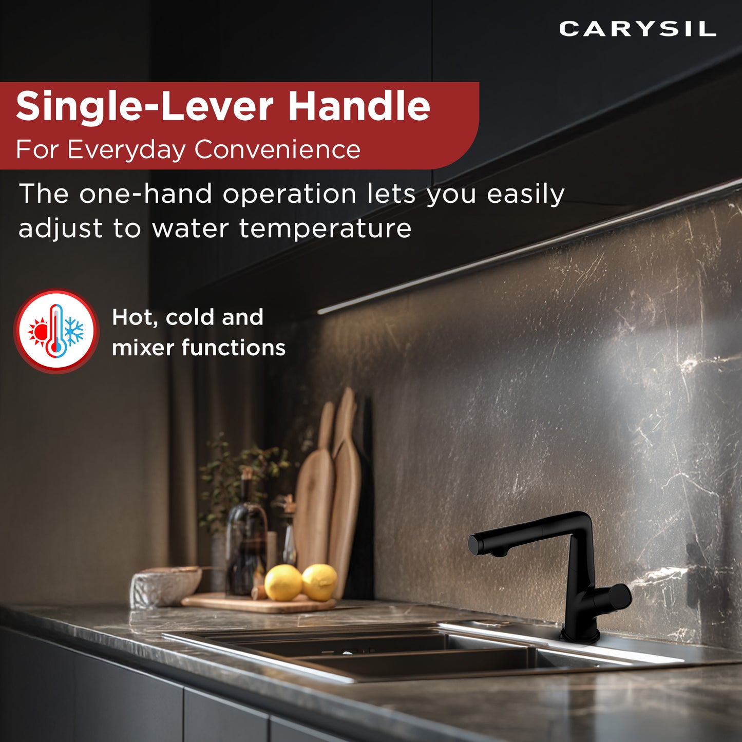 Carysil Alpha 04 Kitchen Faucet, Pull-Out Sprayer, Solid Brass, 180° Swivel Spout, 2-Function Spray, Ceramic Cartridge, Stainless Steel Hoses, Easy Installation, Premium Packaging