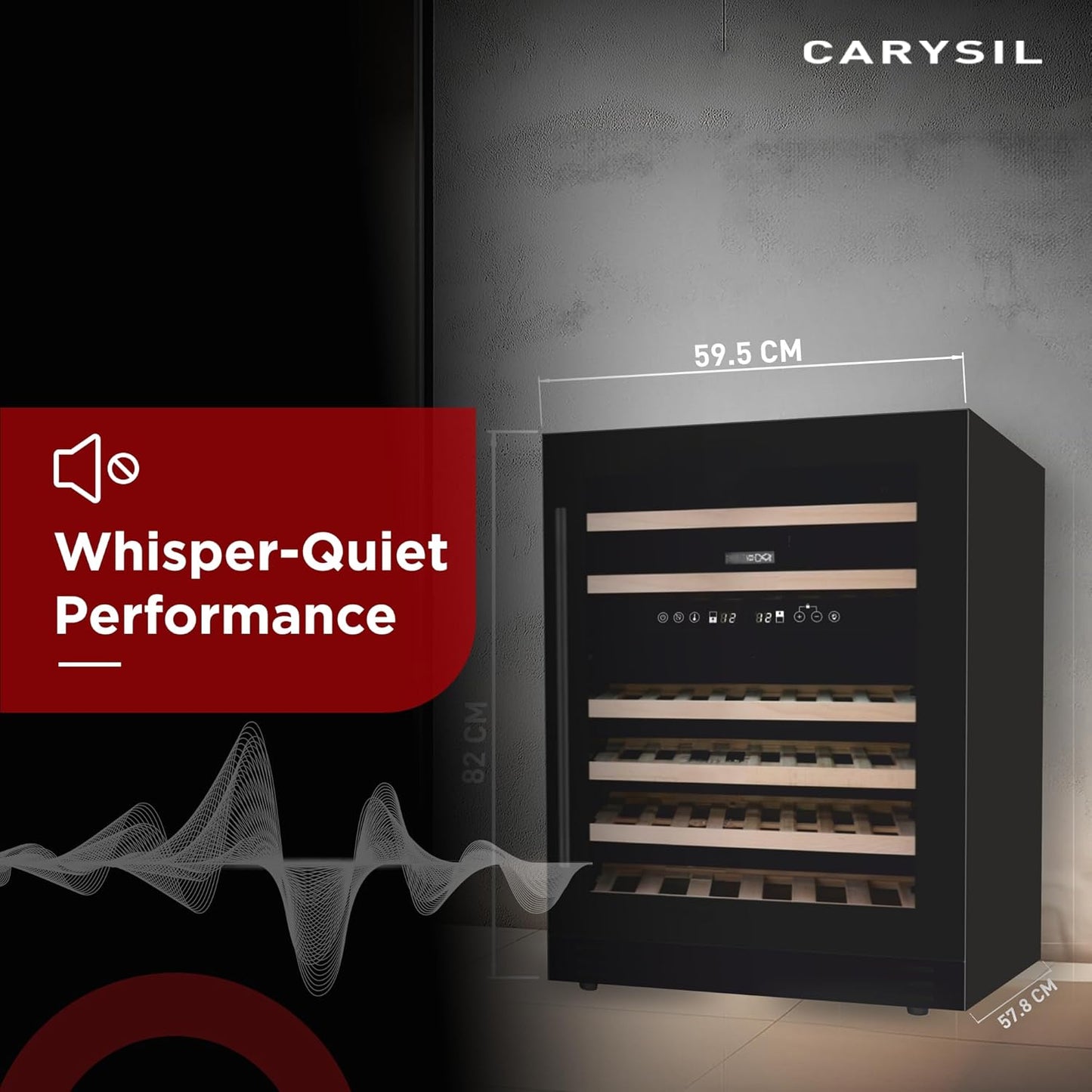 Carysil 46-Bottle Wine Chiller, Free Standing, Dual Cooling Zone (5°C-12°C White Wine & 12°C-20°C Red Wine),  Adjustable Wooden Shelves with Toughened Glass Door, LED Display, Ideal for Home