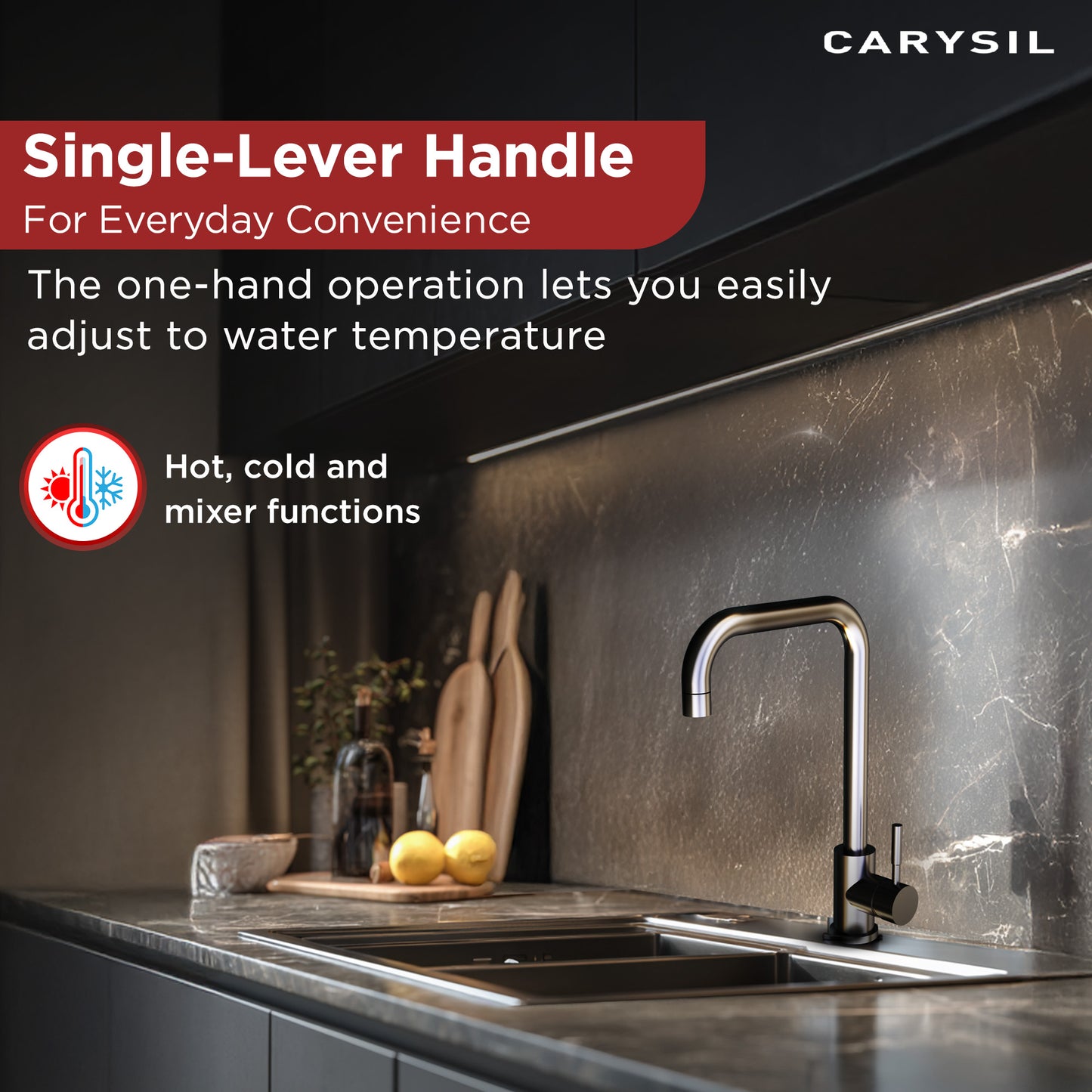 Carysil Alpha 2201 Modern Kitchen Faucet, High Arc with 360-Degree Swivel Spout, Single-Lever Handle for Hot/Cold Water, Chrome, 5-Year Warranty