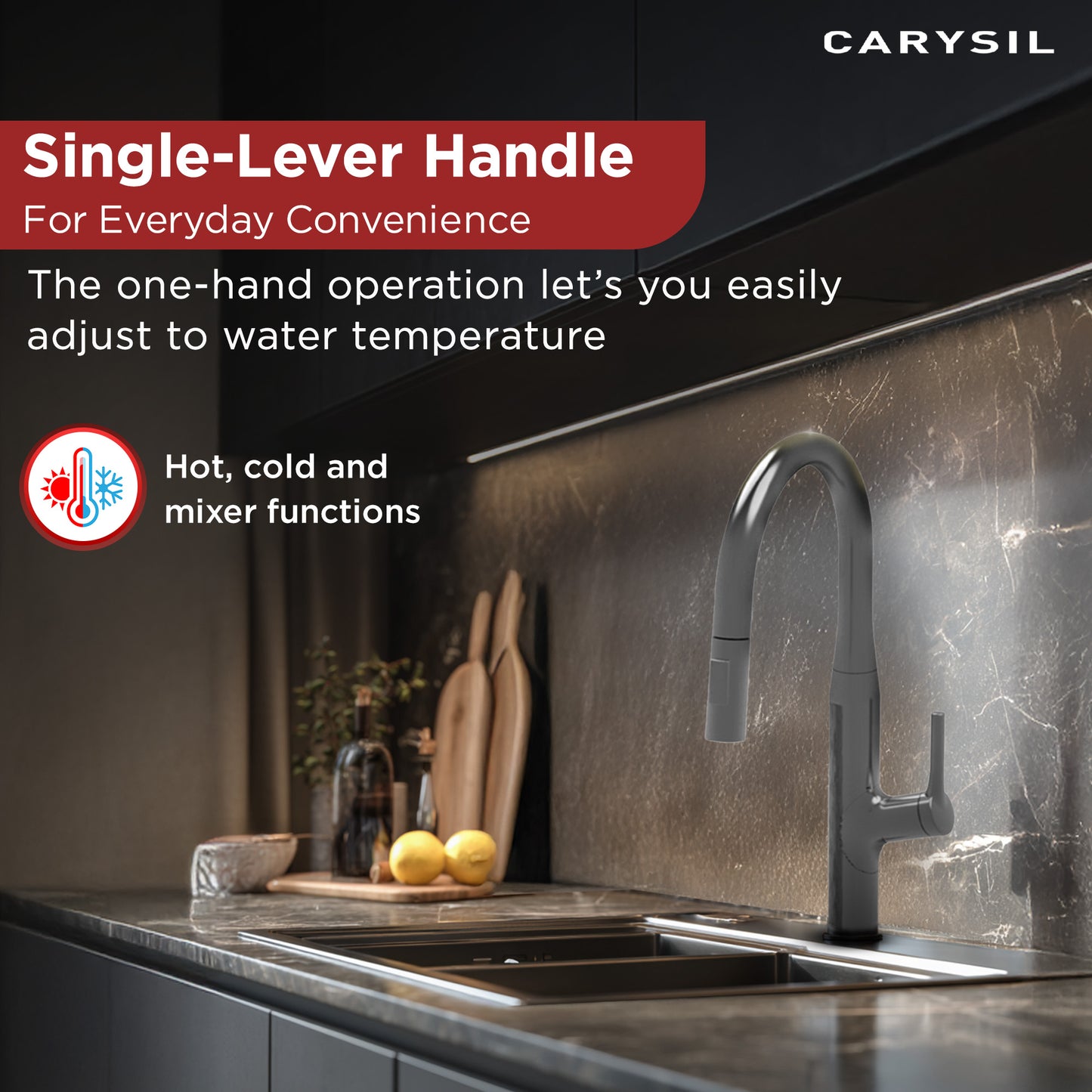 Carysil Alpha 1512 Modern Kitchen Faucet with Pull-Out Spray, High Arc with 360-Degree Swivel, Single-Lever Handle for Hot/Cold Water, Chrome Finish, 5-Year Warranty