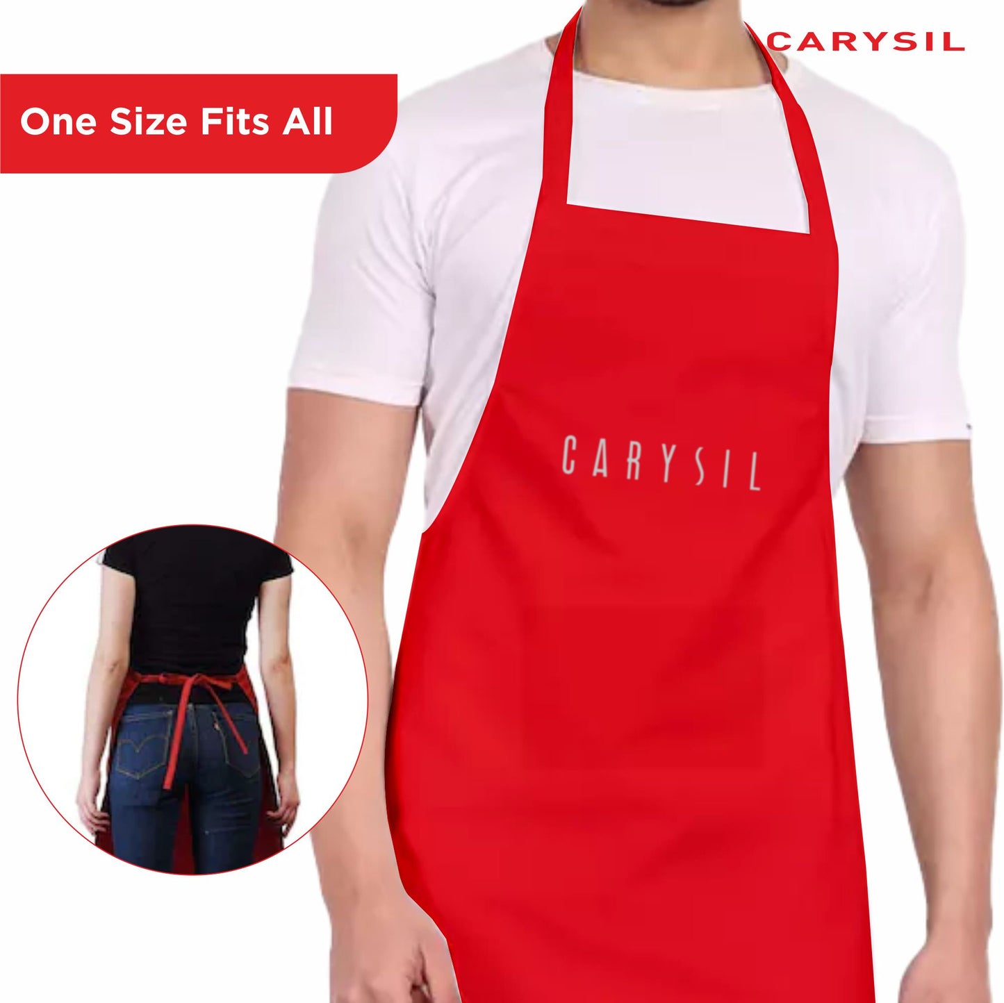 Carysil Premium 100% Cotton Apron with Front Center Pocket & Brand Embroidery, Machine Washable, Unisex Kitchen Apron for Home Use, Red Colour