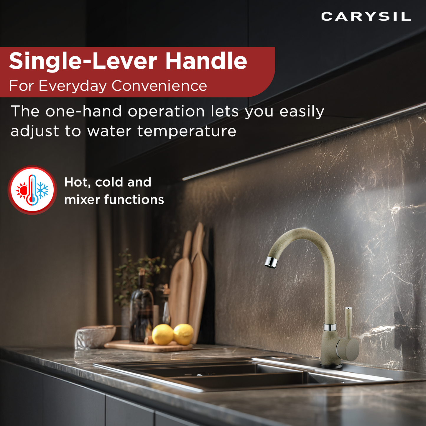 Carysil Alpha 1504 Modern Kitchen Faucet, High Arc with 360-Degree Swivel, Single-Lever Handle for Hot/Cold Water, Cornflakes, 5-Year Warranty