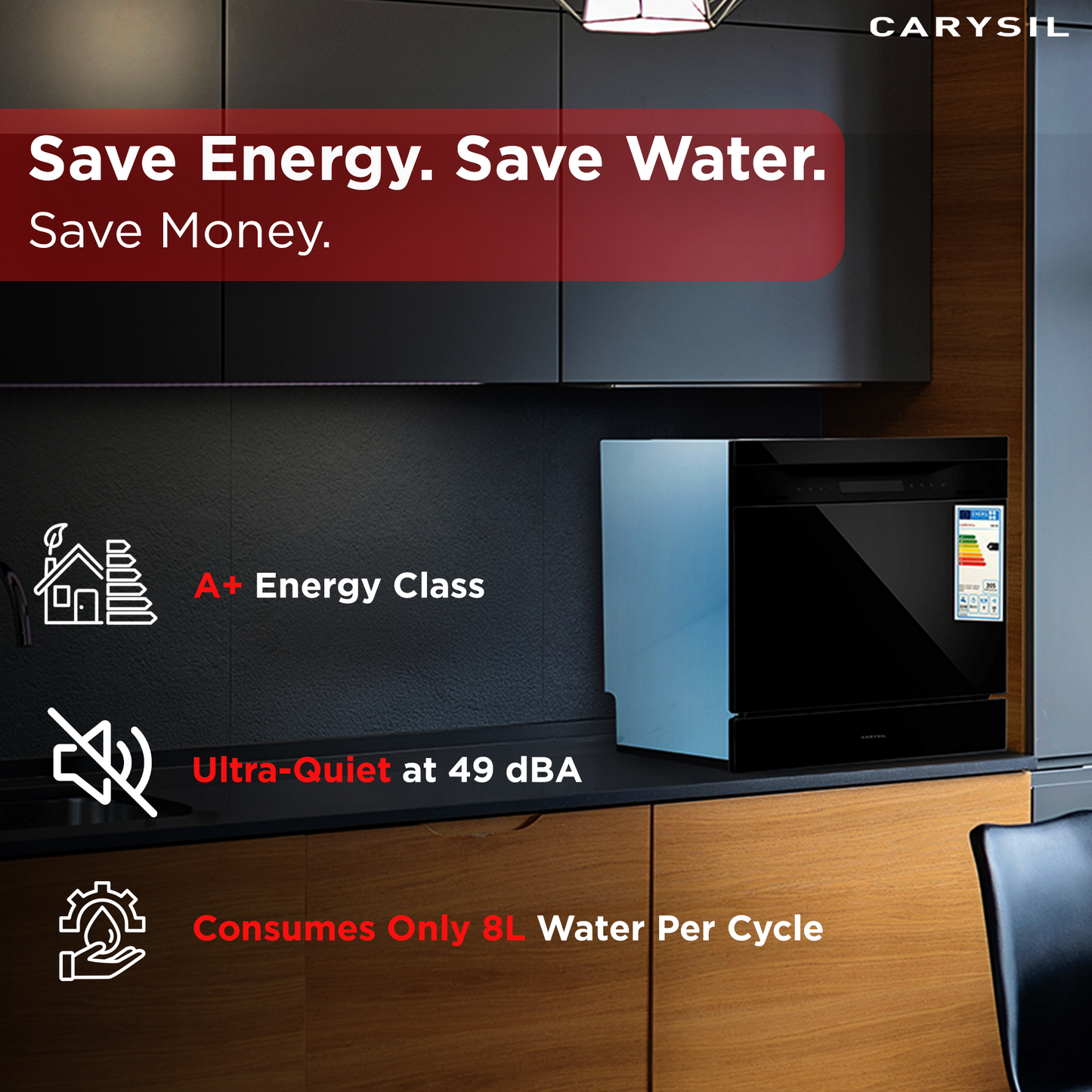 Carysil Free Standing Dishwasher DW-04, A+ Energy Class, 8 Place Setting, 6 Wash Programs, Electronic Control Display, Water Consumption 8Ltr/cycle, 49 dBA Low Noise Operation, Detergent Automation Sensor, Stainless Steel