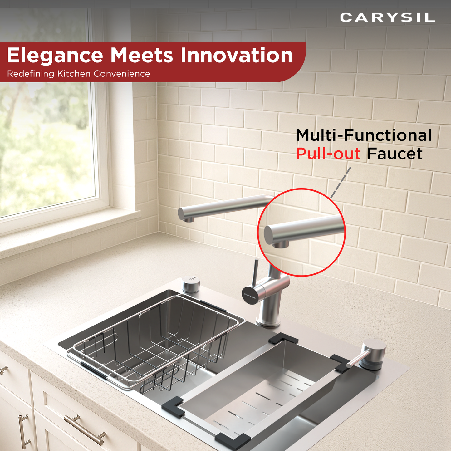 Carysil All-in-one Workstation Sink, 304 Stainless Steel Kitchen Sink with Pull-out Faucet, Soap Dispenser, Chopping Board, Flexible Basket, Colander, 22x20x8 inches, Chrome