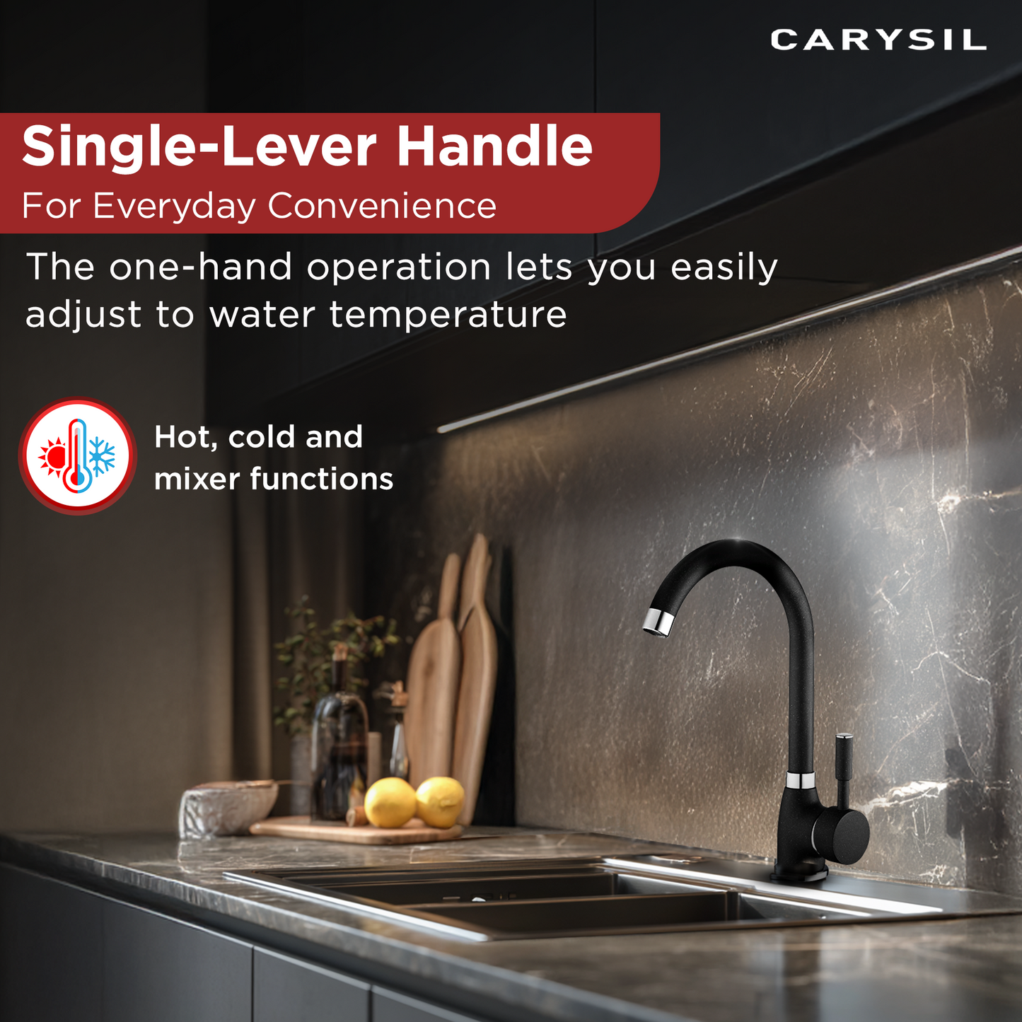 Carysil Alpha 1504 Modern Kitchen Faucet, High Arc with 360-Degree Swivel, Single-Lever Handle for Hot/Cold Water, Nera, 5-Year Warranty