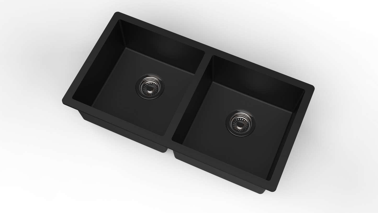 Carysil Quartz Dolce UK Series Double Bowl Kitchen Sink with 50 ml Cleaning Kit, Real Stone Finish, 304 Stainless Steel Coupling, Kitchen Sink with Sloping Drain, Noise Reduction Design, 34x18x8 inches, Pearl Black