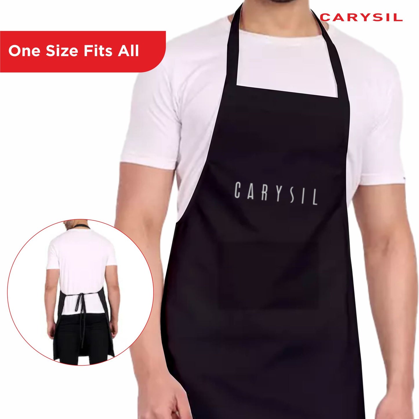 Carysil Premium 100% Cotton Apron with Front Center Pocket & Brand Embroidery, Machine Washable, Unisex Kitchen Apron for Home Use, Black Colour