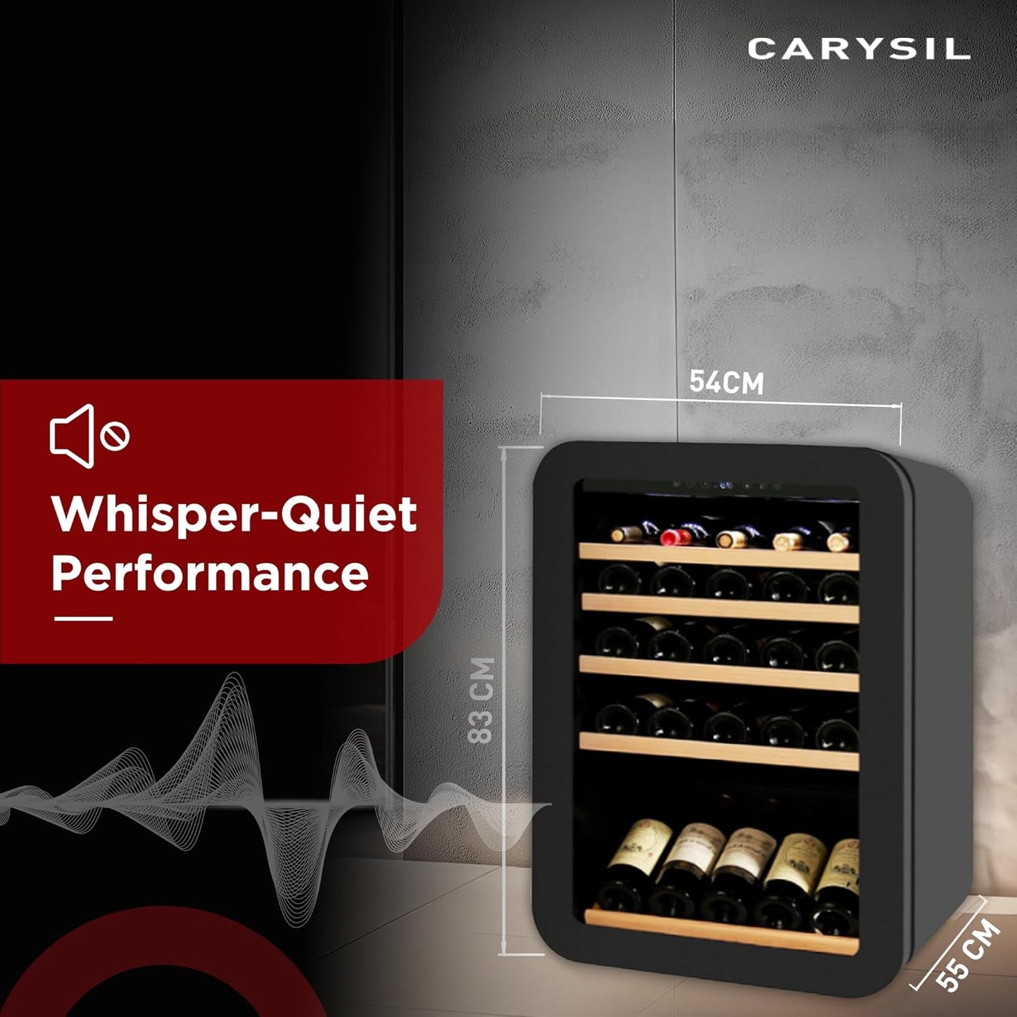Carysil 40-Bottle Retro Wine Chiller, Free Standing, Single Zone Static Cooling (3°C-20°C), Manual Temperature Control, Toughened Glass Door, Compact and Stylish, Ideal for Home