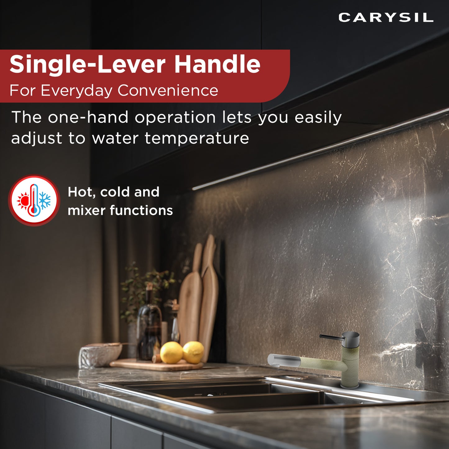 Carysil Alpha 1509 Modern Kitchen Faucet, 360-Degree Swivel Spout, Single-Lever Handle for Hot/Cold Water, Cornflakes, 5-Year Warranty