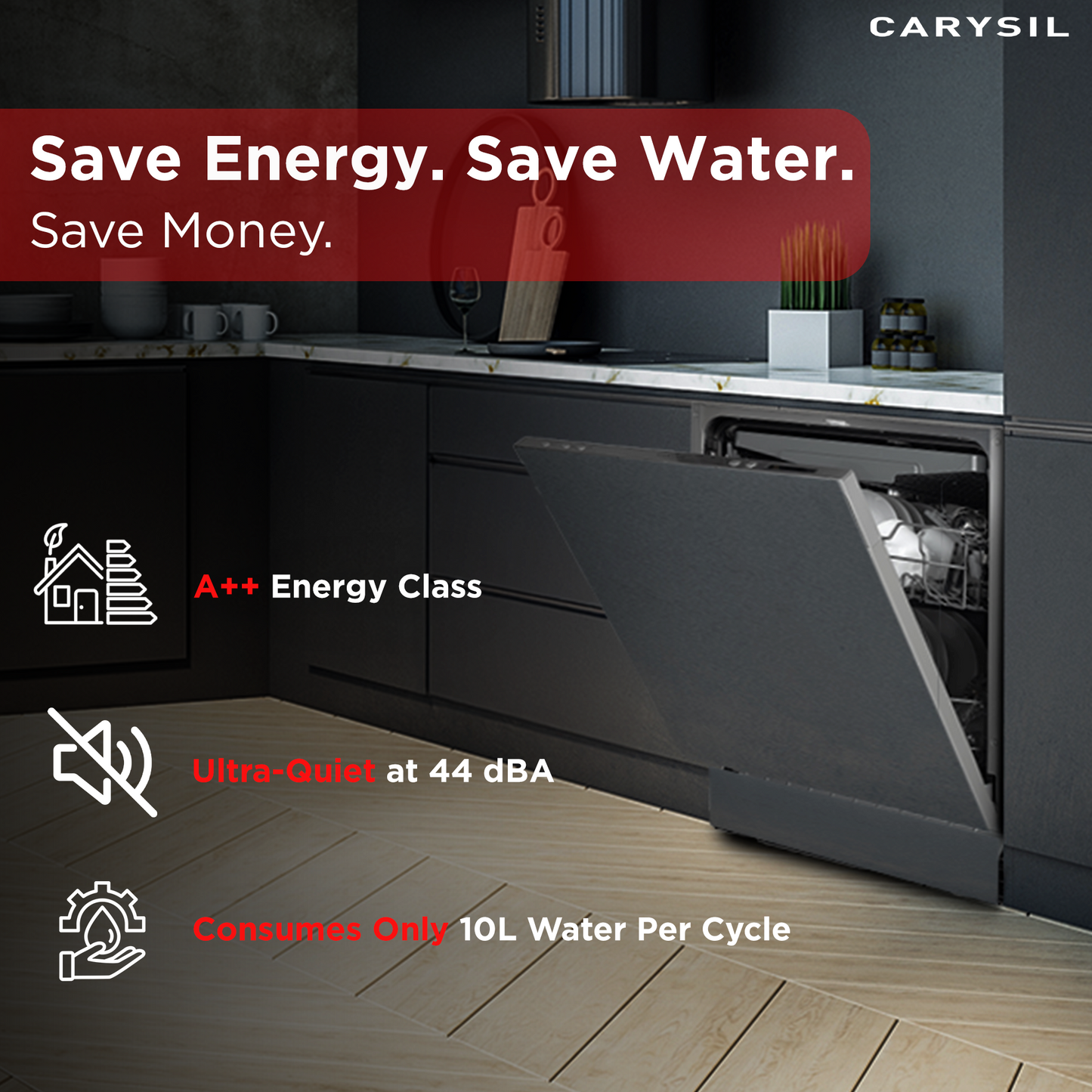 Carysil Fully Built-in Dishwasher DW-01, A++ Energy Class, 14 Place Setting, 7 Wash Programs, Touch Control Display, Water Consumption 10Ltr/cycle, 44 dBA Low Noise Operation, Detergent Automation Sensor, Stainless Steel