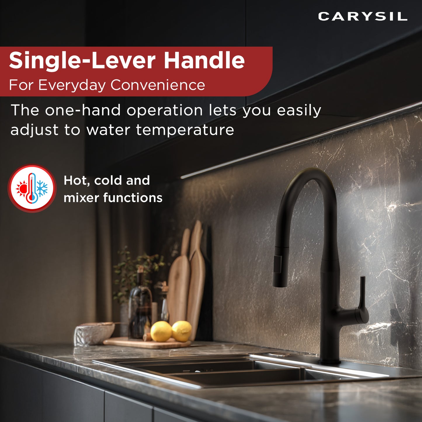 Carysil Alpha 1512 Modern Kitchen Faucet with Pull-Out Spray, High Arc with 360-Degree Swivel, Single-Lever Handle for Hot/Cold Water, Matt Black Finish, 5-Year Warranty