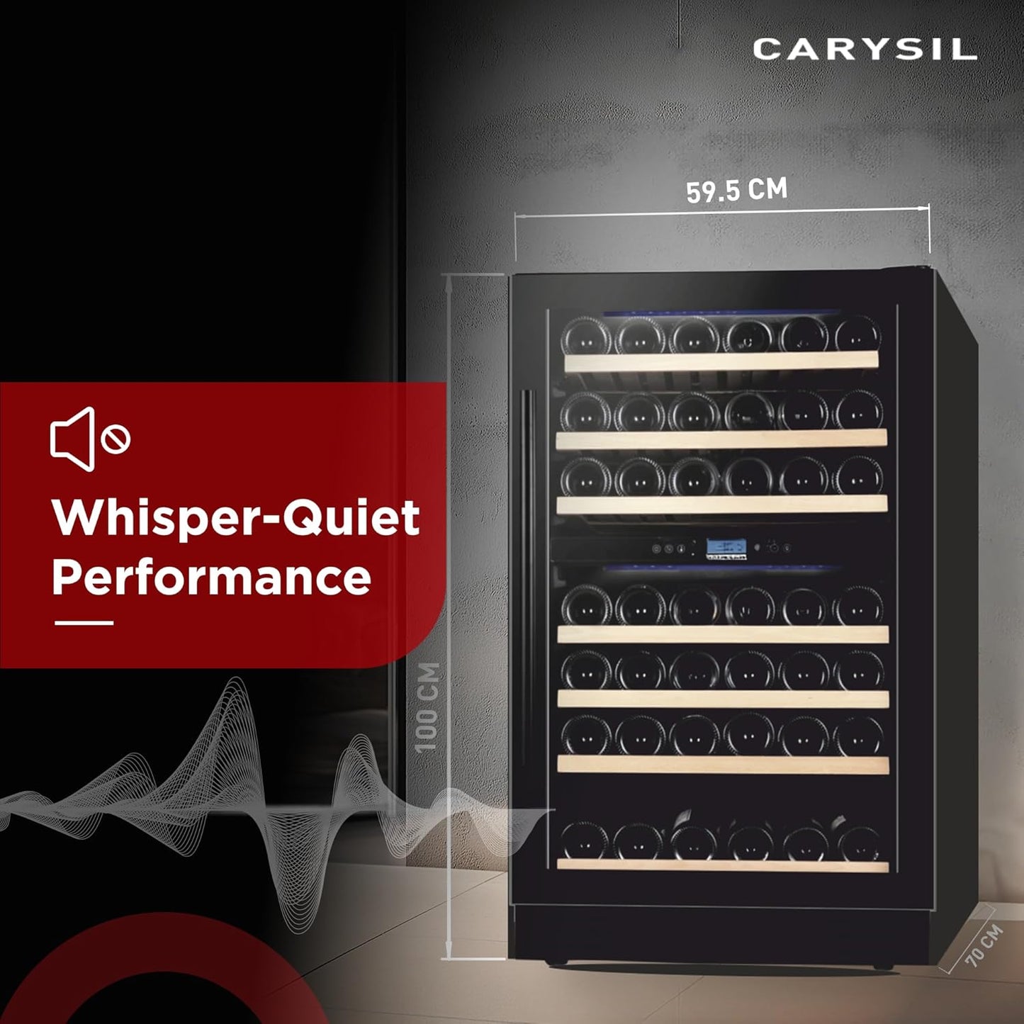 Carysil 77-Bottle Wine Chiller, Free Standing, Dual Cooling Zone (5°C-12°C White Wine & 12°C-20°C Red Wine), Adjustable Wooden Shelves with Toughened Glass Door, LED Display, Ideal for Home