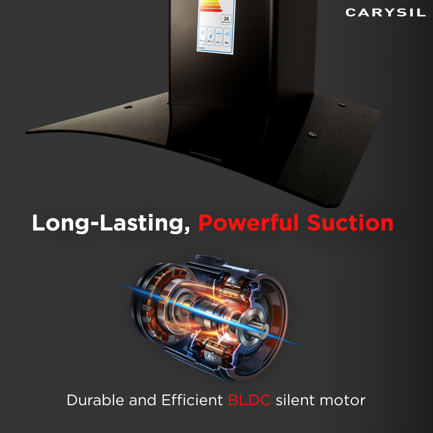 Carysil Rome 60 cm Kitchen Chimney, Curved Shape, 1100 m³/hr Suction Capacity, Filterless, BLDC Silent Motor, A-Energy Class, 3-Speed Touch Control, LED Lamp, Lifetime Warranty