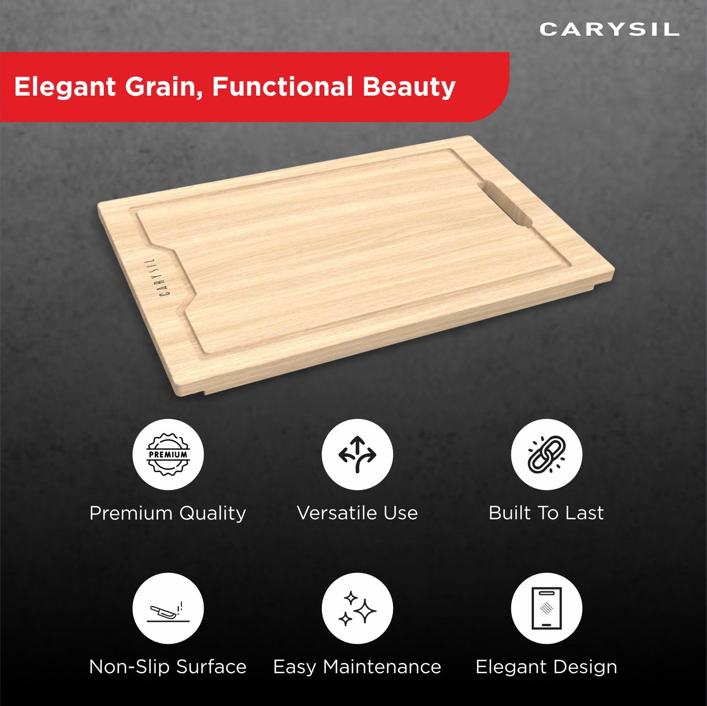 Carysil Chopping Board for Kitchen, Solid Teak Wood with 20mm Thickness, Heavy-Duty Cutting Board for Vegetables, Fruits, Cheese & Meats, Non-Slip, BPA-Free, Eco-Friendly & Anti-Bacterial Surface