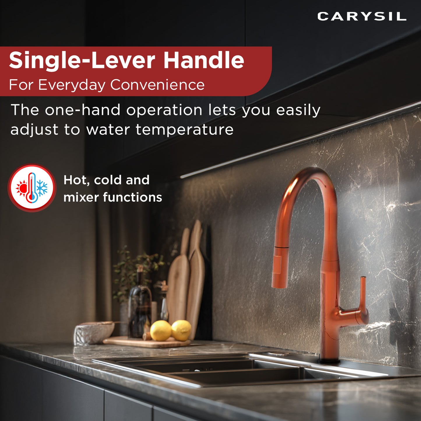 Carysil Alpha 1512 Modern Kitchen Faucet with Pull-Out Spray, High Arc with 360-Degree Swivel, Single-Lever Handle for Hot/Cold Water, Rose Gold Finish, 5-Year Warranty