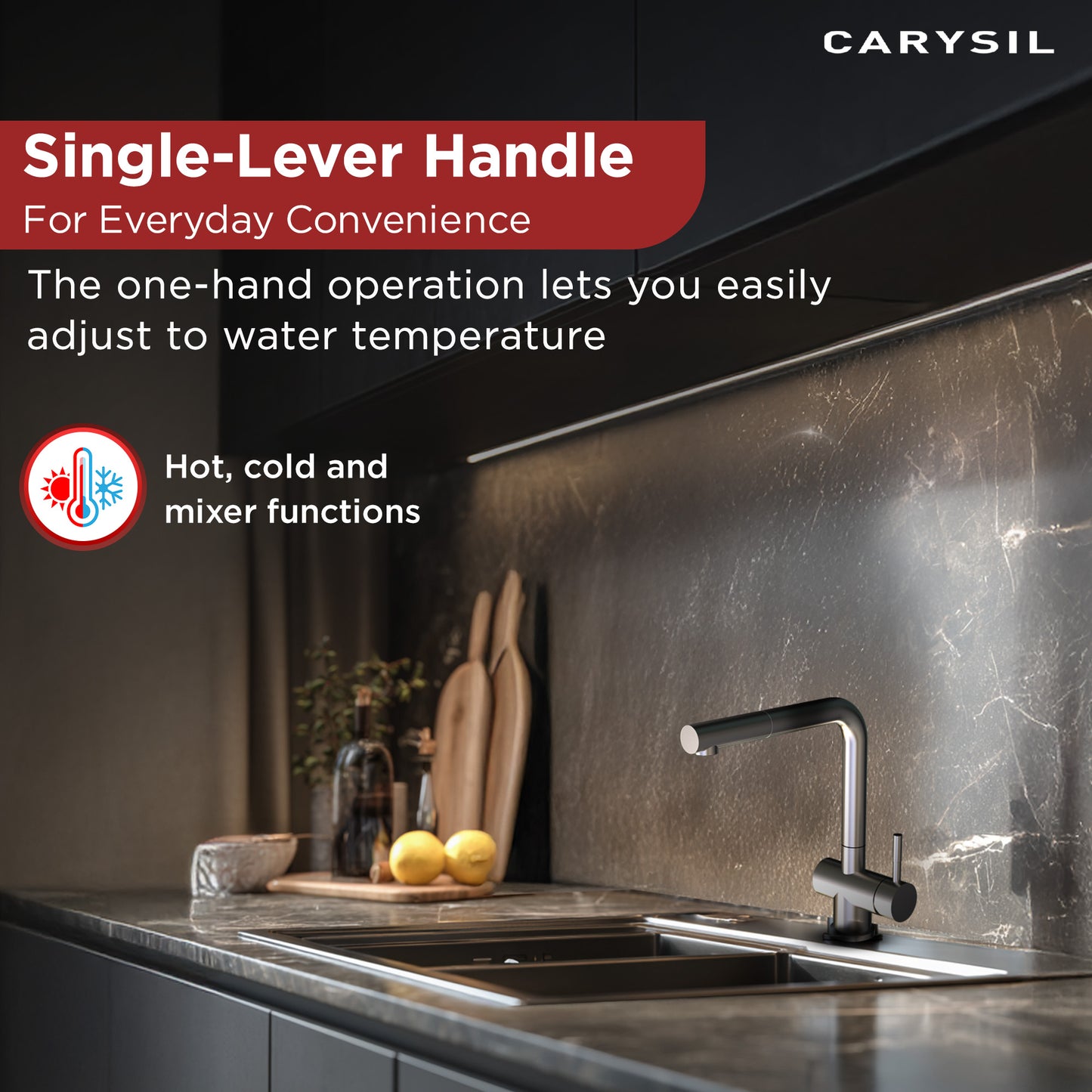 Carysil Alpha 2202 Modern Kitchen Faucet with Pull-Out Spray, High Arc with 360-Degree Swivel Spout, Single-Lever Handle for Hot/Cold Water, Chrome, 5-Year Warranty