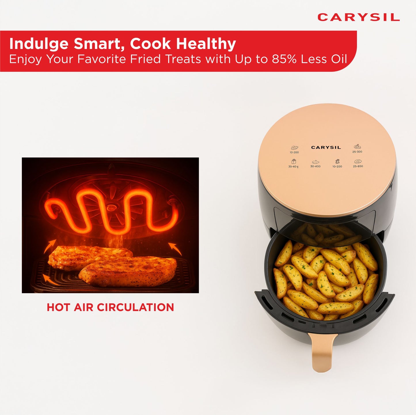 Carysil Air Fryer 4.5L Capacity, Oil-Free Touch Panel Fryer for Healthy Cooking, Fast Frying, Perfect Addition for any Modern Kitchen, Sleek Black Design