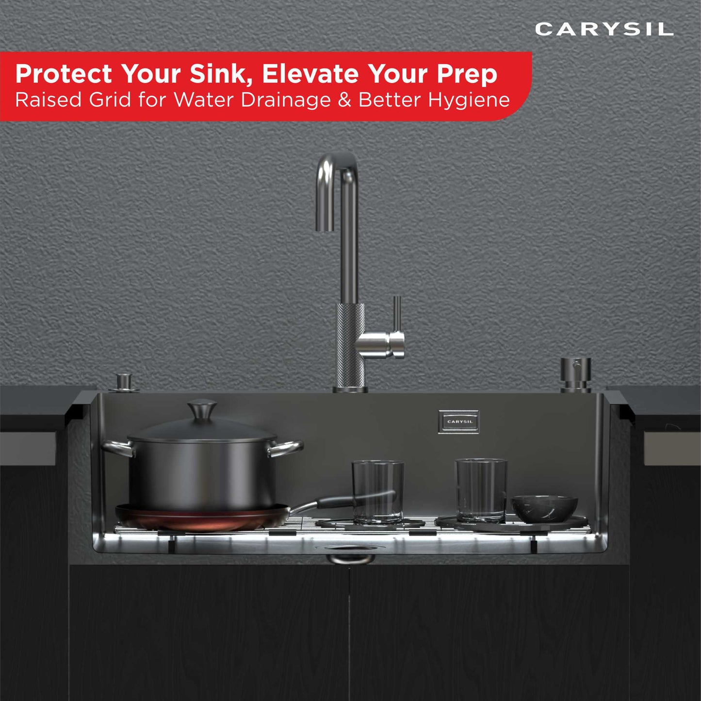 Carysil Wire Grid for Kitchen Sink, 304-Grade Stainless Steel, Metal Dish Drying Rack, Self Draining, Prevents Sliding, Kitchen Sink Accessories, 68.2x33.2x2.96 cm