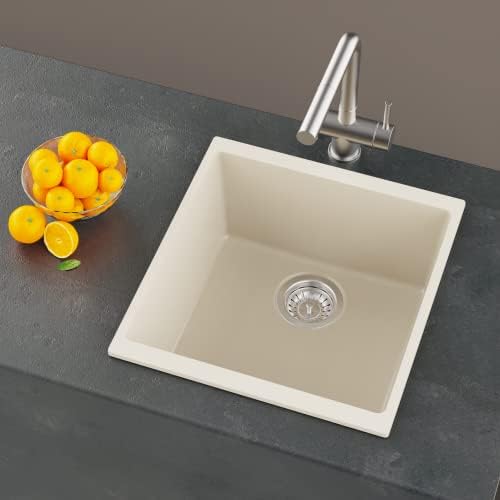 Carysil Quartz Dolce UK Series Single Bowl Kitchen Sink, Real Stone Finish, 304 Stainless Steel Coupling, Kitchen Sink with Sloping Drain, Noise Reduction Design, 17x18x8 inches, Cream