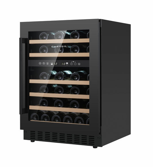 Carysil 46-Bottle Wine Chiller, Free Standing, Dual Cooling Zone (5°C-12°C White Wine & 12°C-20°C Red Wine),  Adjustable Wooden Shelves with Toughened Glass Door, LED Display, Ideal for Home