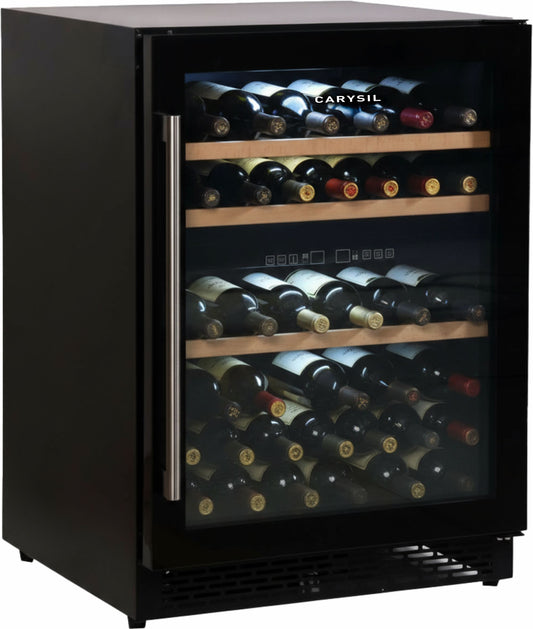 Carysil 49-Bottle Wine Chiller, Free Standing, Dual Cooling Zone (3°C-12°C White Wine & 12°C-20°C Red Wine), Adjustable Wooden Shelves with Toughened Glass Door, LED Display, Ideal for Home