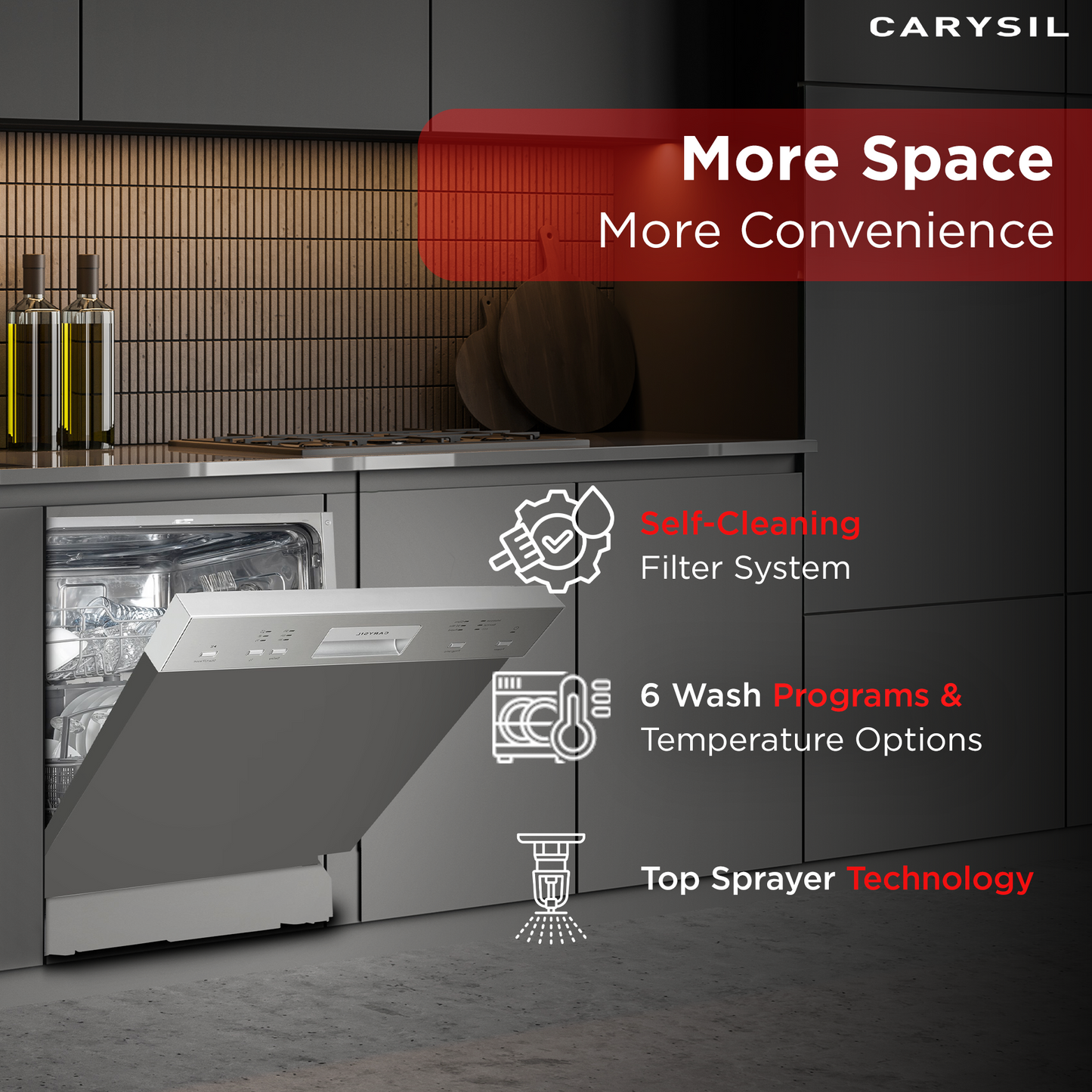 Carysil Semi Built-in Dishwasher DW-02, A++ Energy Class, 12 Place Setting, 6 Wash Programs, Touch Control Display, Water Consumption 11Ltr/cycle, 49 dB Low Noise Operation, Detergent Automation Sensor, Stainless Steel