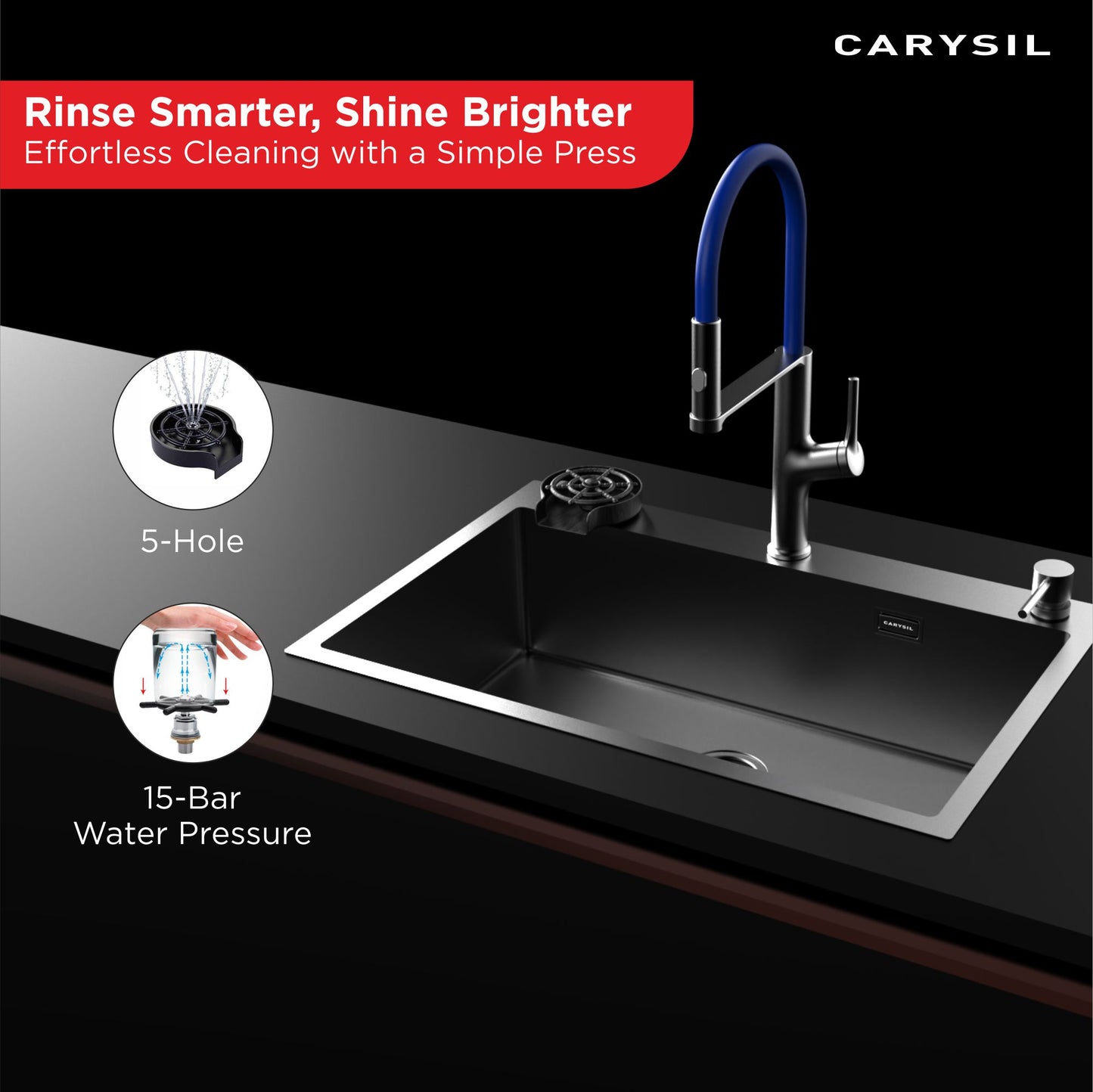 Carysil Glass Rinser for Kitchen Sink, Automatic Cup Washer for Kitchen Sink, 304-grade Stainless Steel, 5 Spray Holes, Bar Glass Rinser and Bottle Rinser, Matt Black Finish