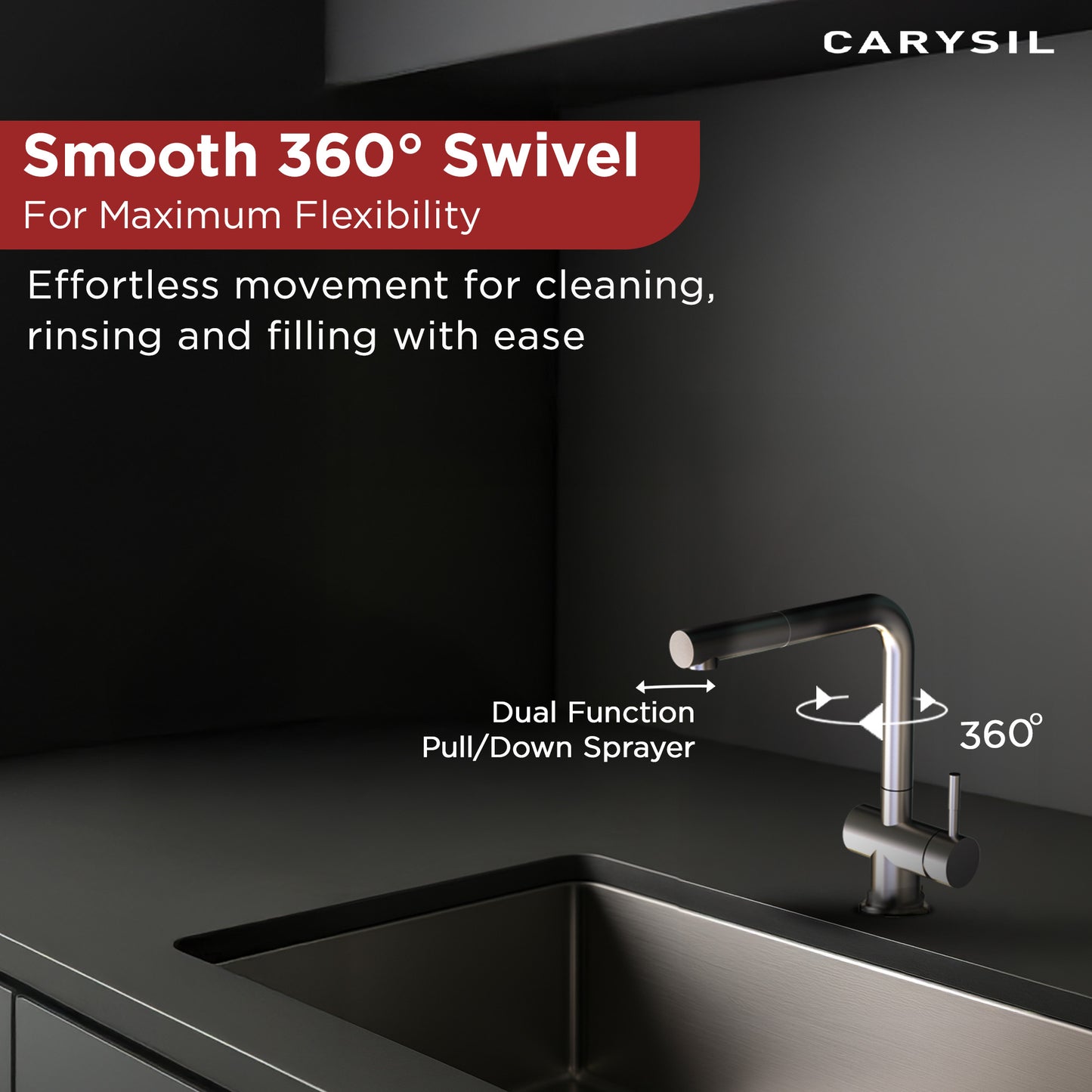 Carysil Alpha 2202 Modern Kitchen Faucet with Pull-Out Spray, High Arc with 360-Degree Swivel Spout, Single-Lever Handle for Hot/Cold Water, Chrome, 5-Year Warranty