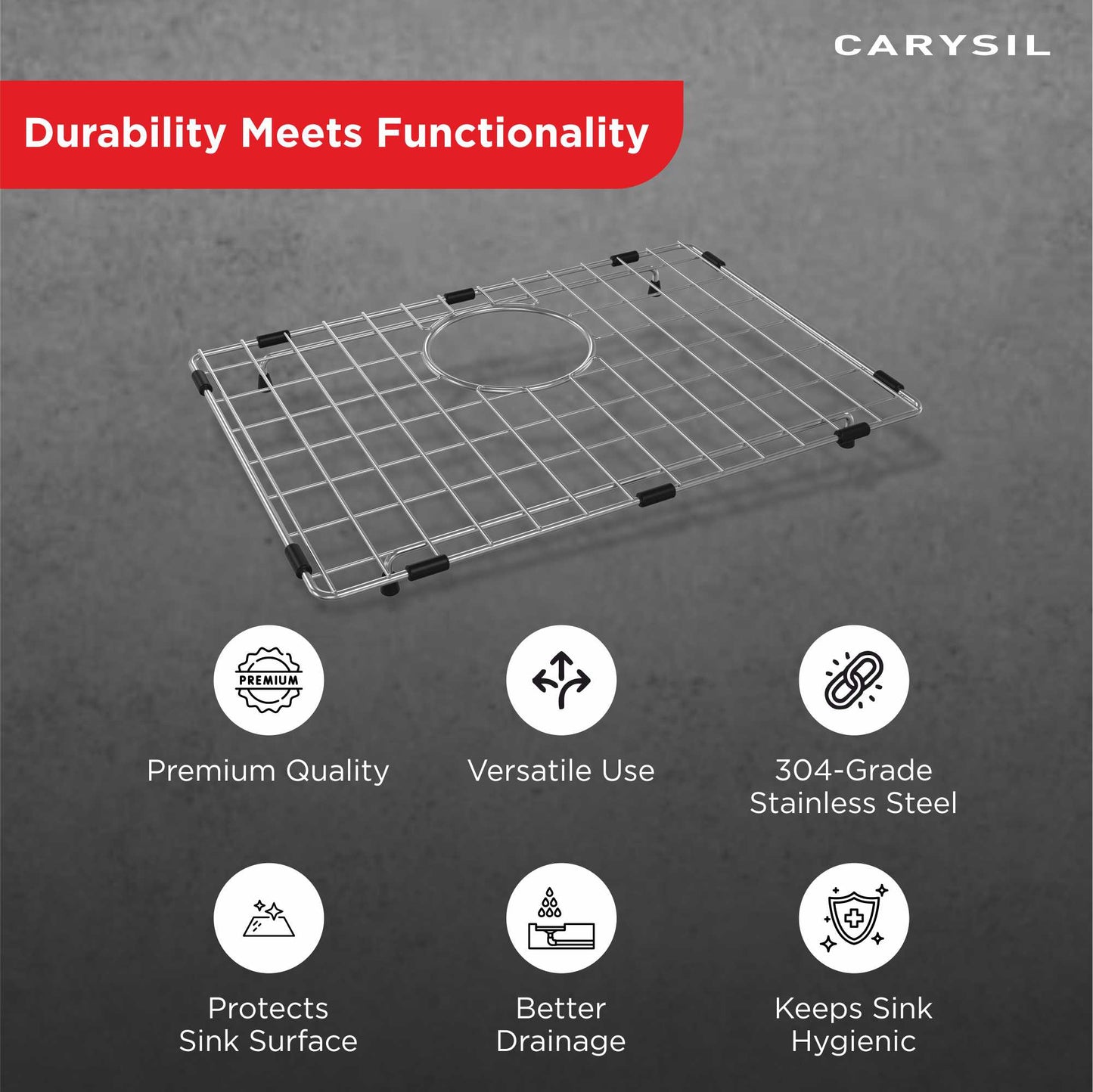 Carysil Wire Grid for Kitchen Sink, 304-Grade Stainless Steel, Metal Dish Drying Rack, Self Draining, Prevents Sliding, Kitchen Sink Accessories, 54.7x35.5x2.96 cm