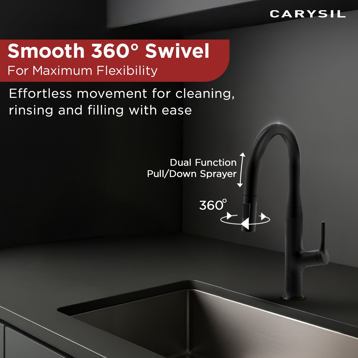 Carysil Alpha 1512 Modern Kitchen Faucet with Pull-Out Spray, High Arc with 360-Degree Swivel, Single-Lever Handle for Hot/Cold Water, Matt Black Finish, 5-Year Warranty