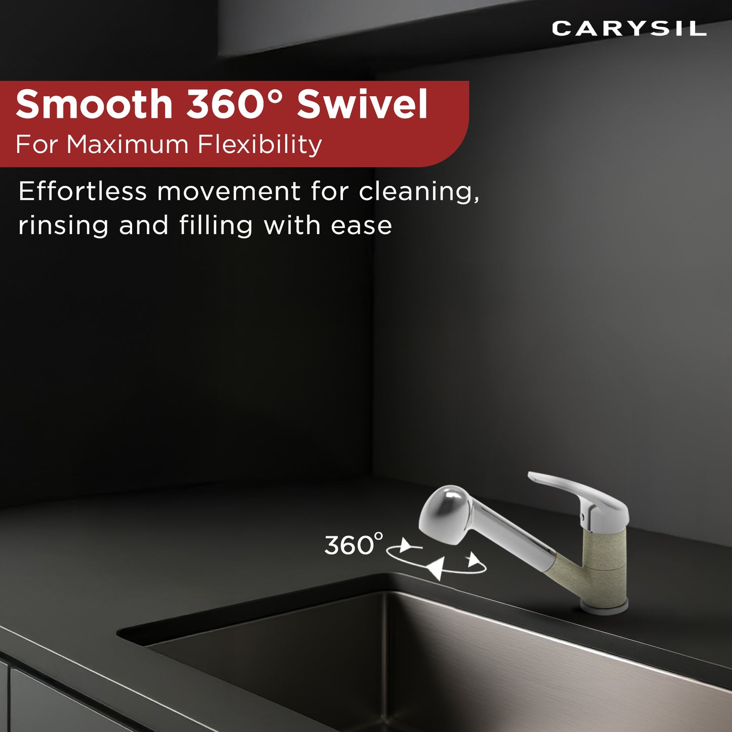 Carysil Alpha 1508 Modern Kitchen Faucet, 360-Degree Swivel Spout, Single-Lever Handle for Hot/Cold Water, Cornflakes, 5-Year Warranty