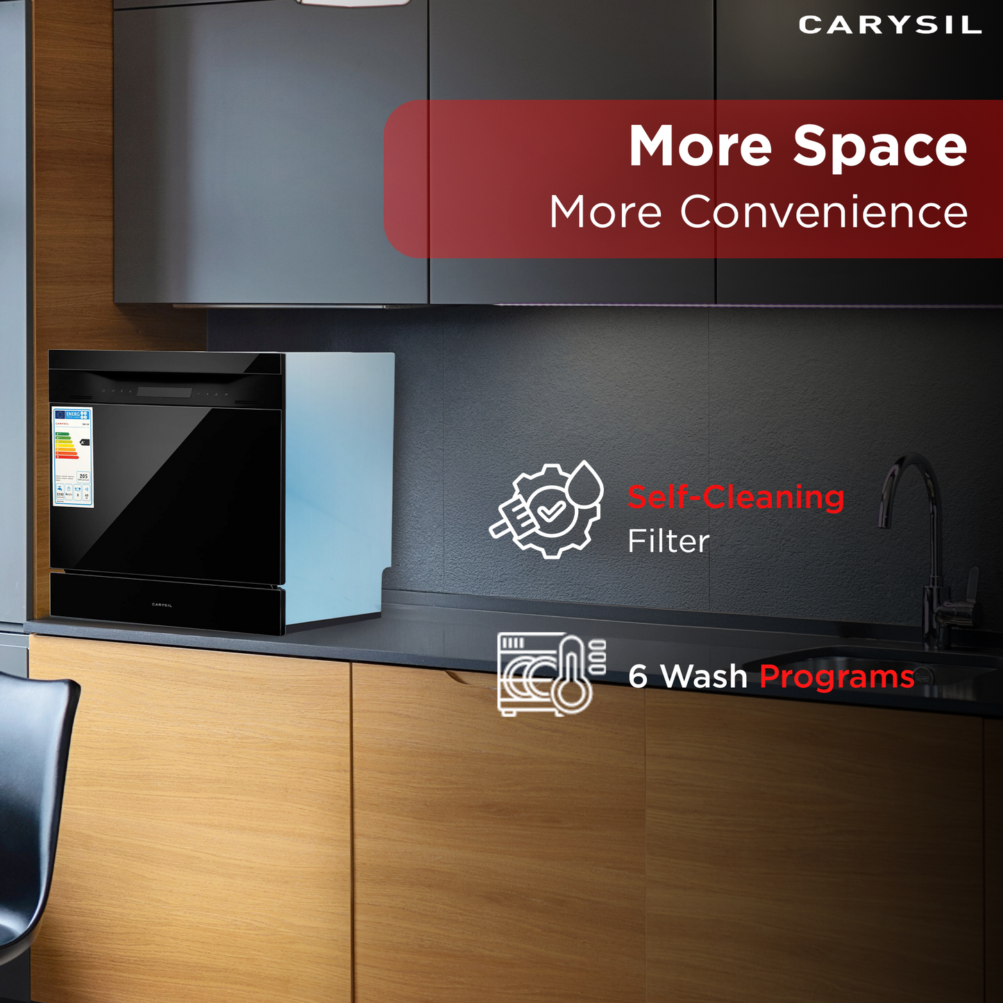 Carysil Free Standing Dishwasher DW-04, A+ Energy Class, 8 Place Setting, 6 Wash Programs, Electronic Control Display, Water Consumption 8Ltr/cycle, 49 dBA Low Noise Operation, Detergent Automation Sensor, Stainless Steel