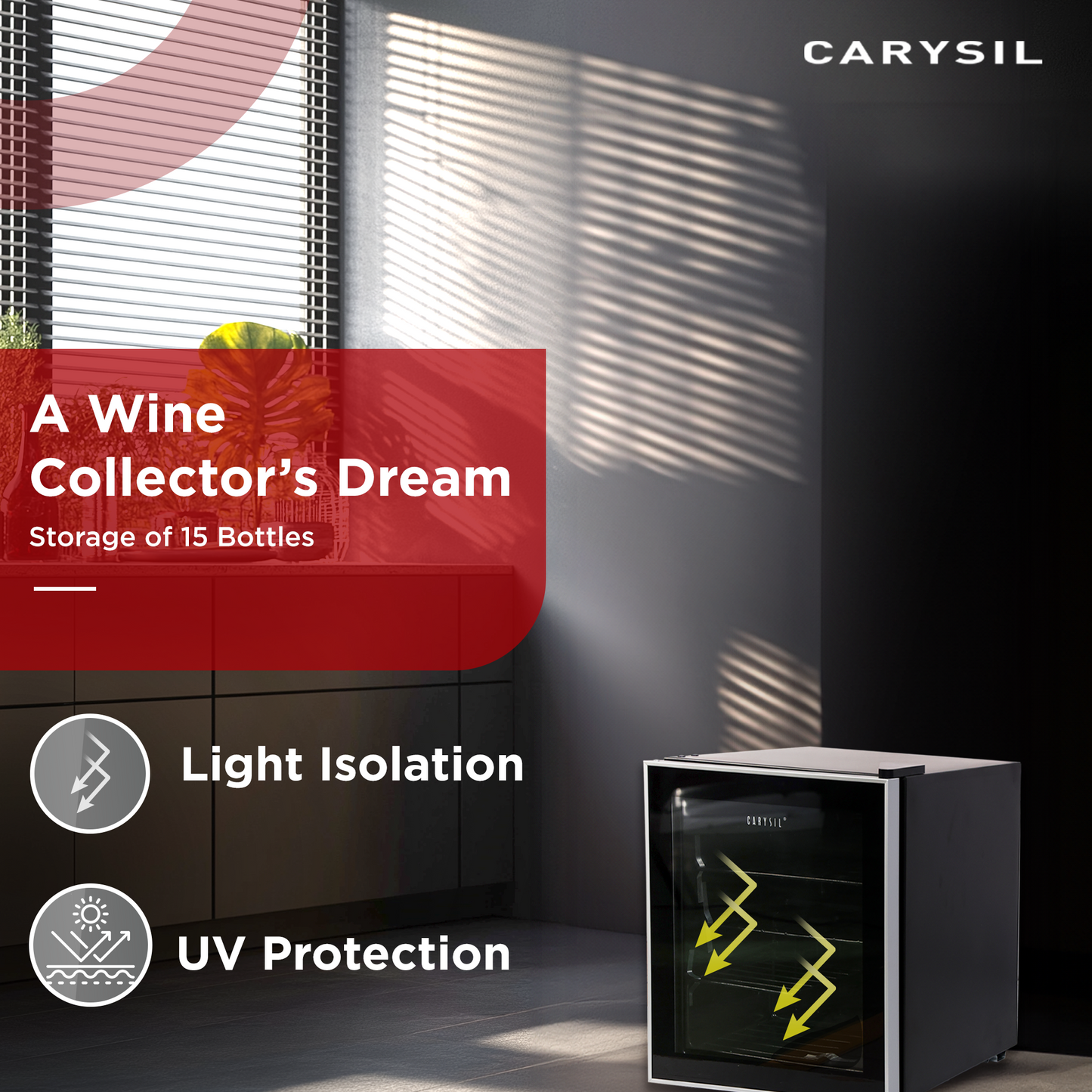 Carysil 15-Bottle Wine Chiller, Free Standing, Single Cooling Zone (5°C-20°C), Manual Temperature Control, Toughened Glass Door, Compact and Stylish, Ideal for Home