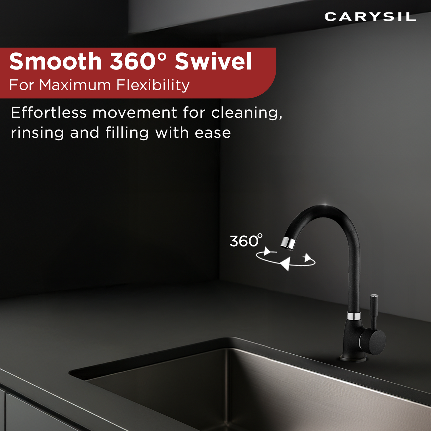 Carysil Alpha 1504 Modern Kitchen Faucet, High Arc with 360-Degree Swivel, Single-Lever Handle for Hot/Cold Water, Nera, 5-Year Warranty