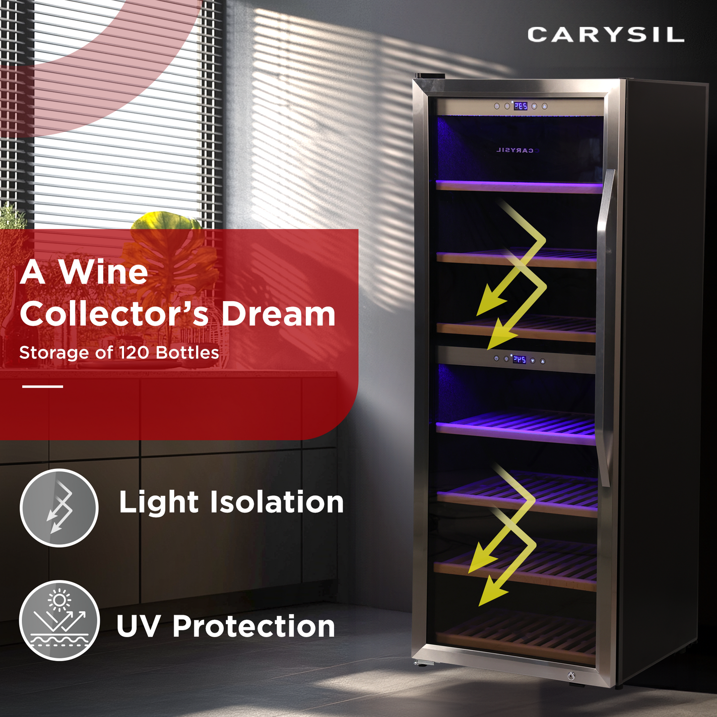 Carysil 120-Bottle Wine Chiller, Free Standing, Dual Cooling Zone (3°C-12°C White Wine & 12°C-20°C Red Wine), Adjustable Wooden Shelves with Toughened Glass Door, LED Display, Ideal for Home